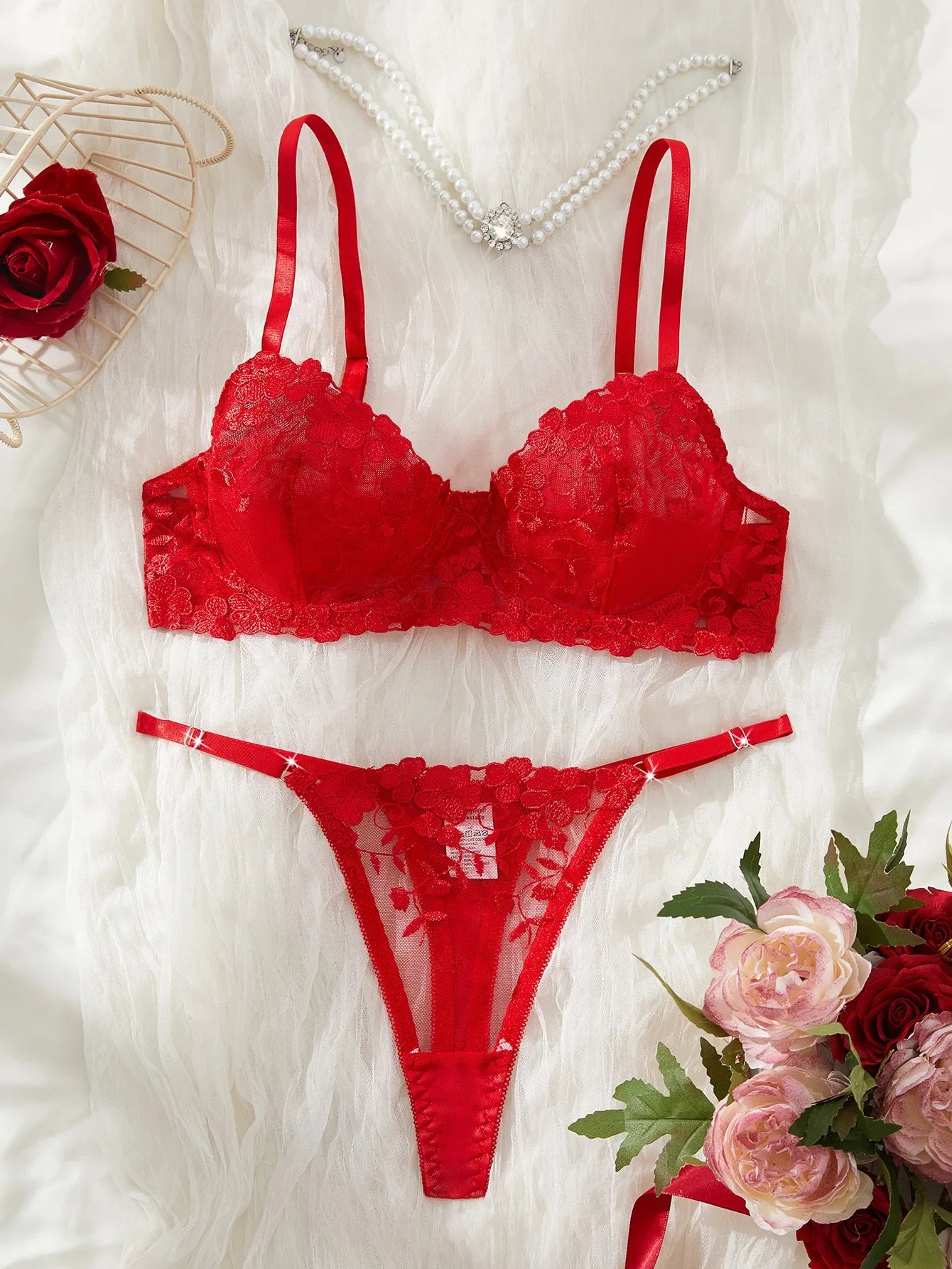 Western Red Pure Bra See Through Mesh Embroidery Underwearss Erotic Seductive Clothings Lingerie Set