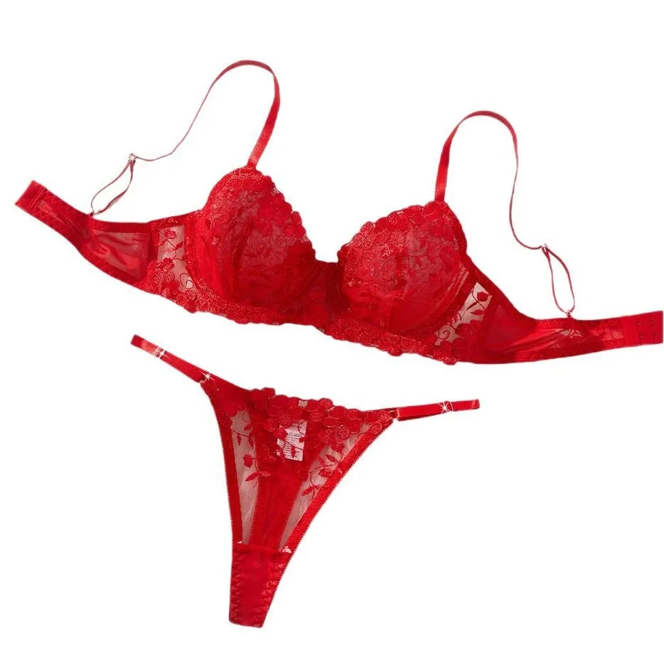 Western Red Pure Bra See Through Mesh Embroidery Underwearss Erotic Seductive Clothings Lingerie Set