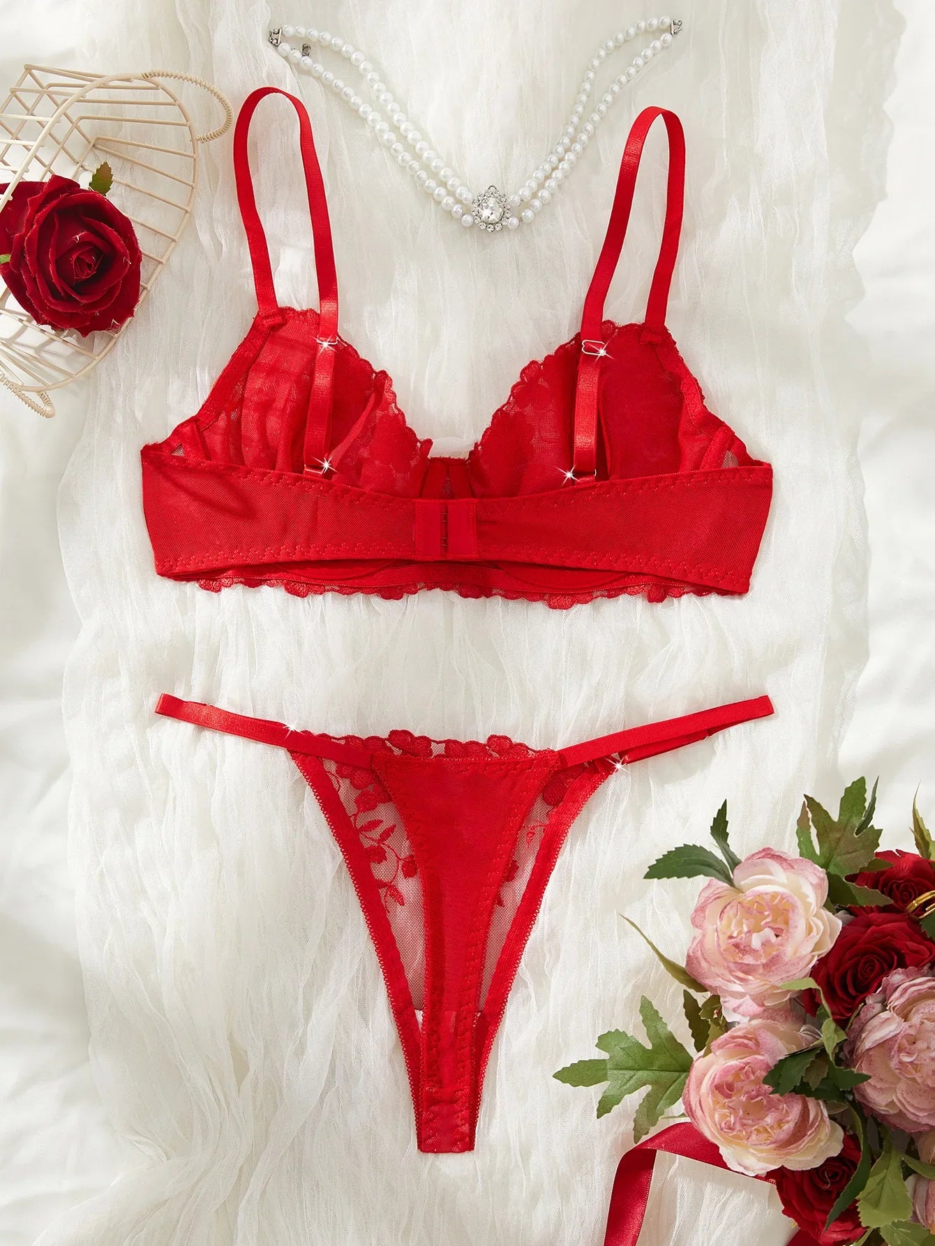 Western Red Pure Bra See Through Mesh Embroidery Underwearss Erotic Seductive Clothings Lingerie Set