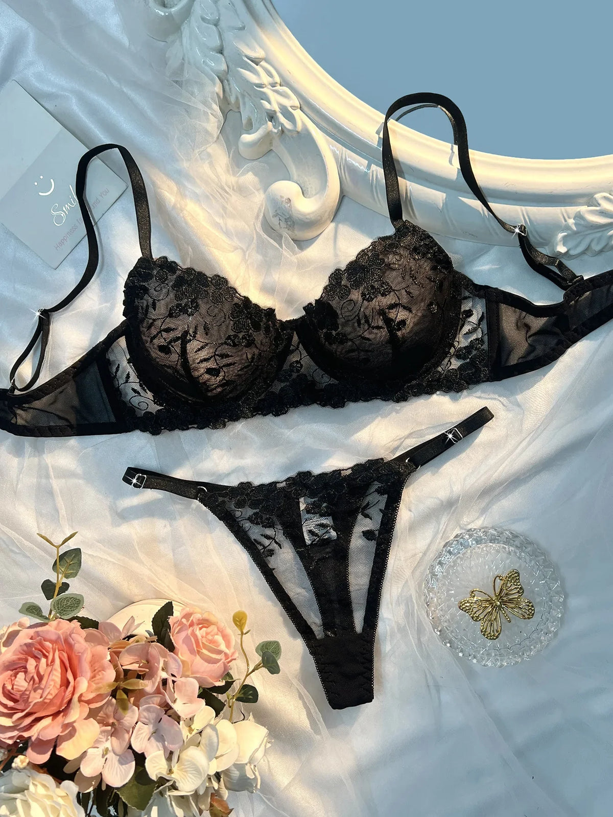 Western Red Pure Bra See Through Mesh Embroidery Underwearss Erotic Seductive Clothings Lingerie Set
