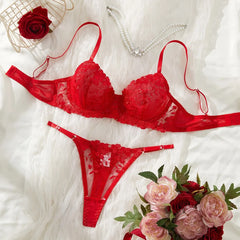 Western Red Pure Bra See Through Mesh Embroidery Underwearss Erotic Seductive Clothings Lingerie Set