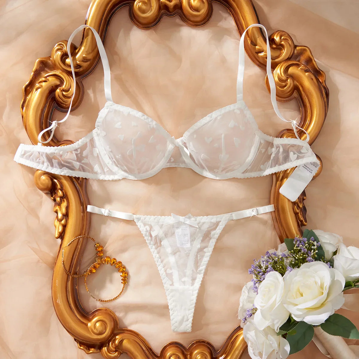 Western See Through Mesh Heart Embroidery Bra Pantiess Erotic Seductive Underwears Lingerie Set