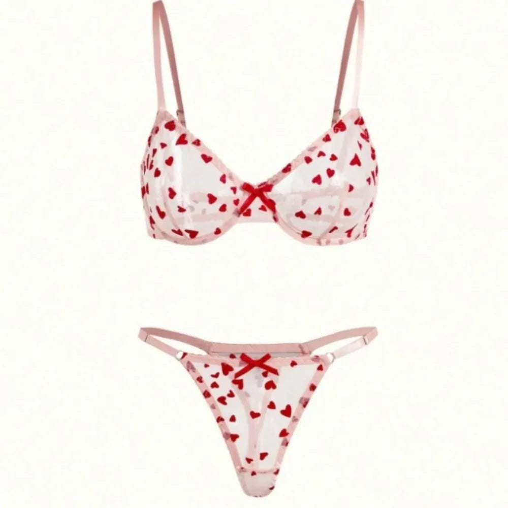 Western See Through Mesh Heart Embroidery Bra Pantiess Erotic Seductive Underwears Lingerie Set