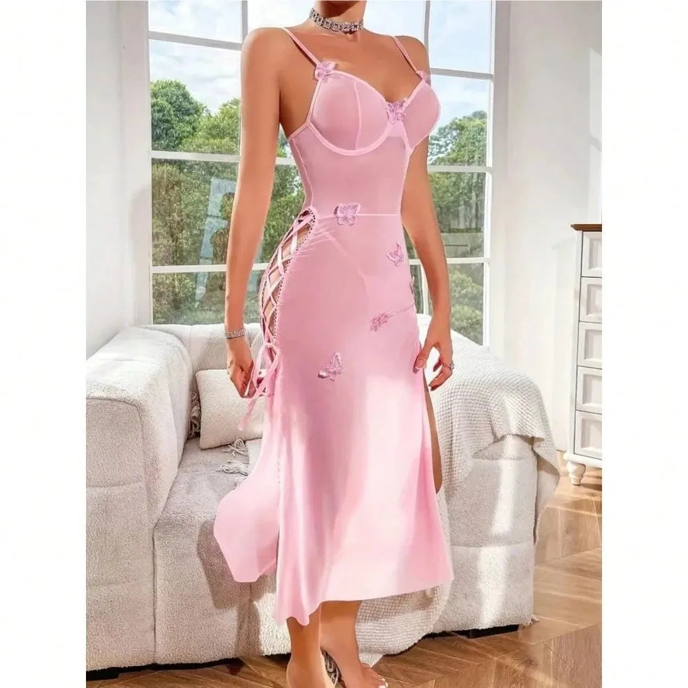 Western Sheer Mesh See Through Lace Backless High Split Slit Sling Strap Skirt Underwear Maxi Dress Lingerie Gown