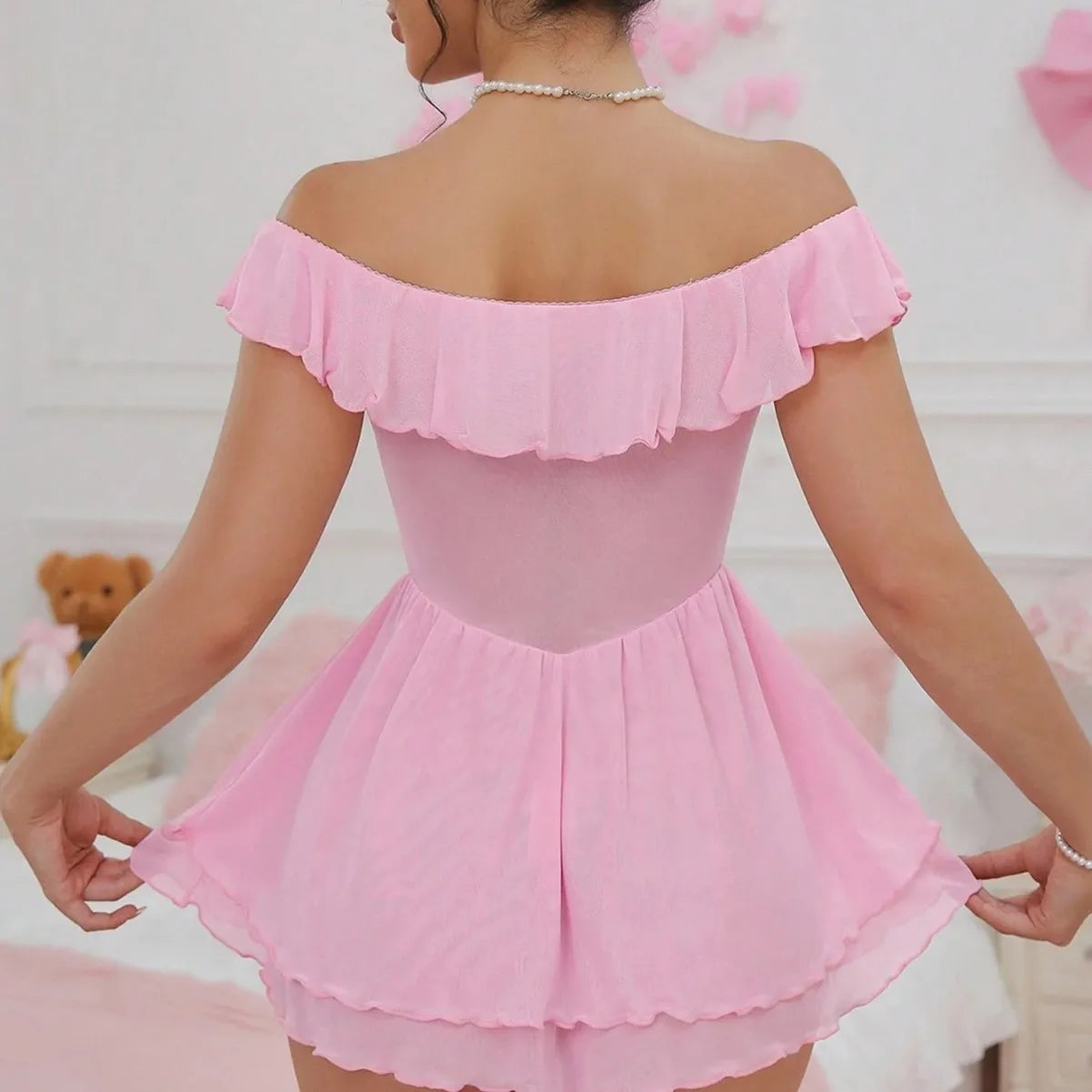 Western Sheer Mesh See Through Off Shoulder Off The Shoulder Uniform Dress Lingerie Gown