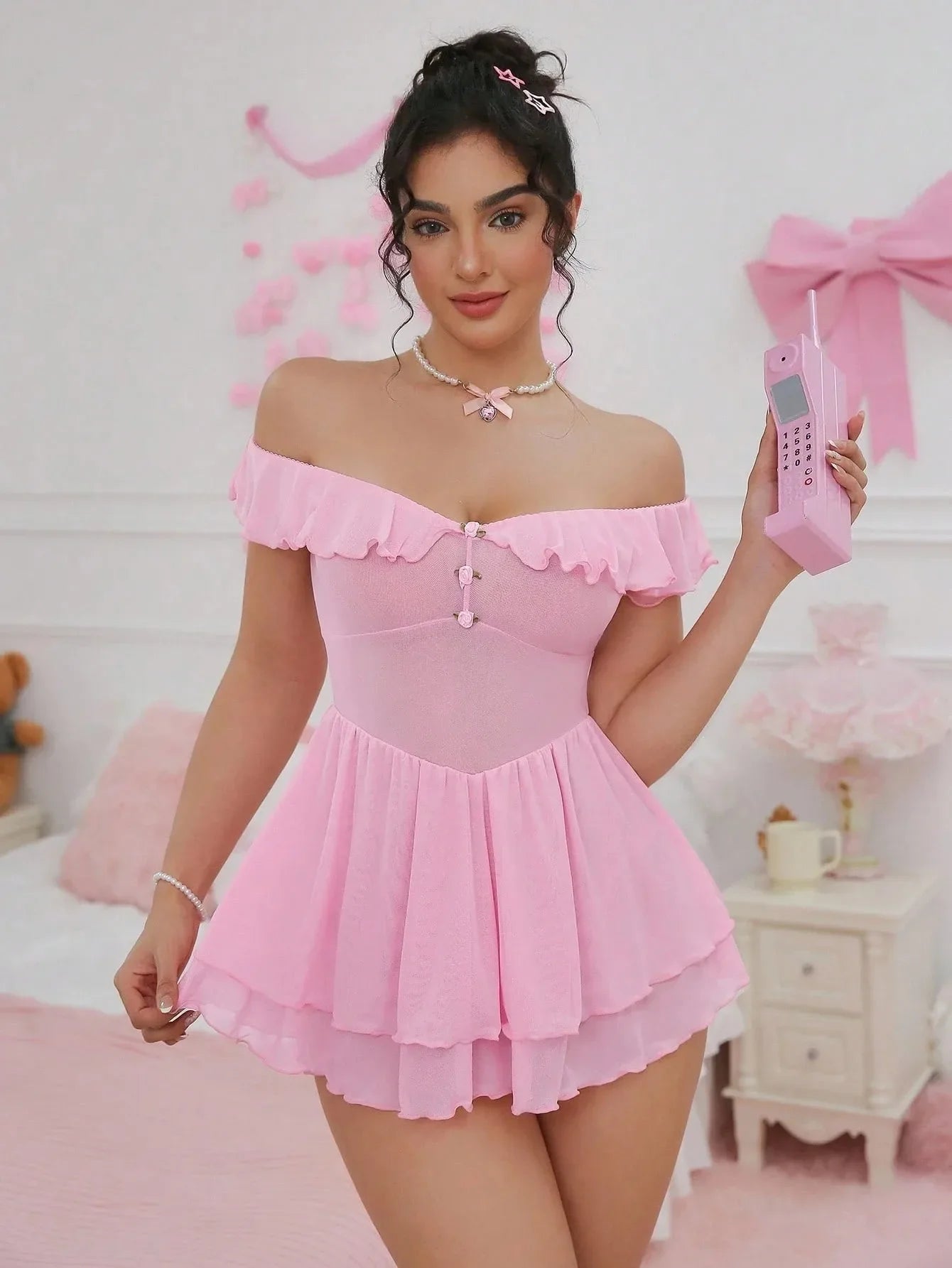 Western Sheer Mesh See Through Off Shoulder Off The Shoulder Uniform Dress Lingerie Gown