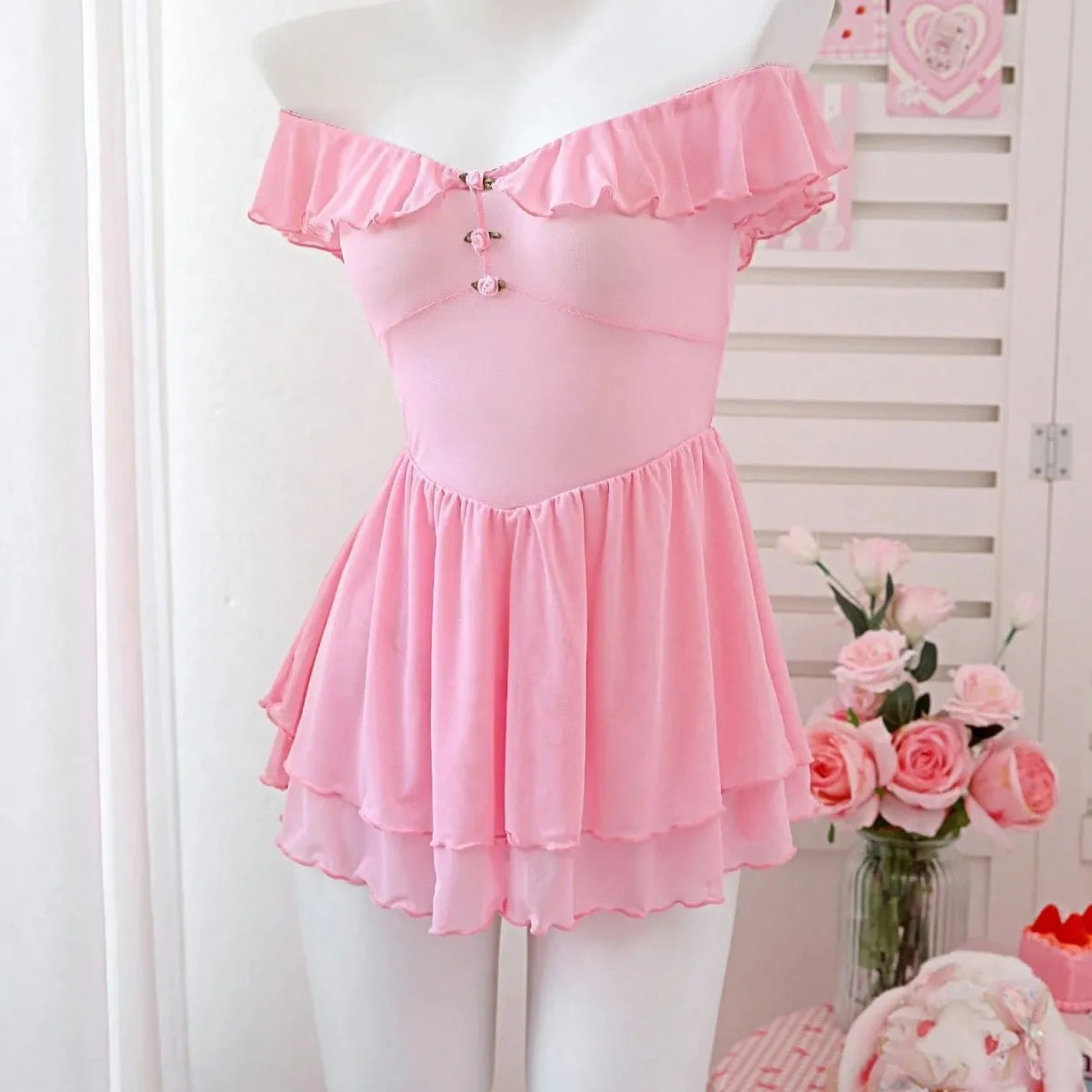 Western Sheer Mesh See Through Off Shoulder Off The Shoulder Uniform Dress Lingerie Gown