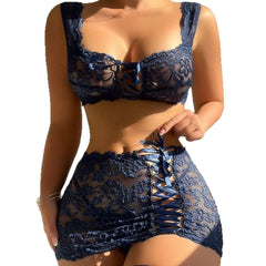 Western Sheer See Through Lace Up Tie Up Lace Mini Fishnet Skirt Stockings Lingerie Set