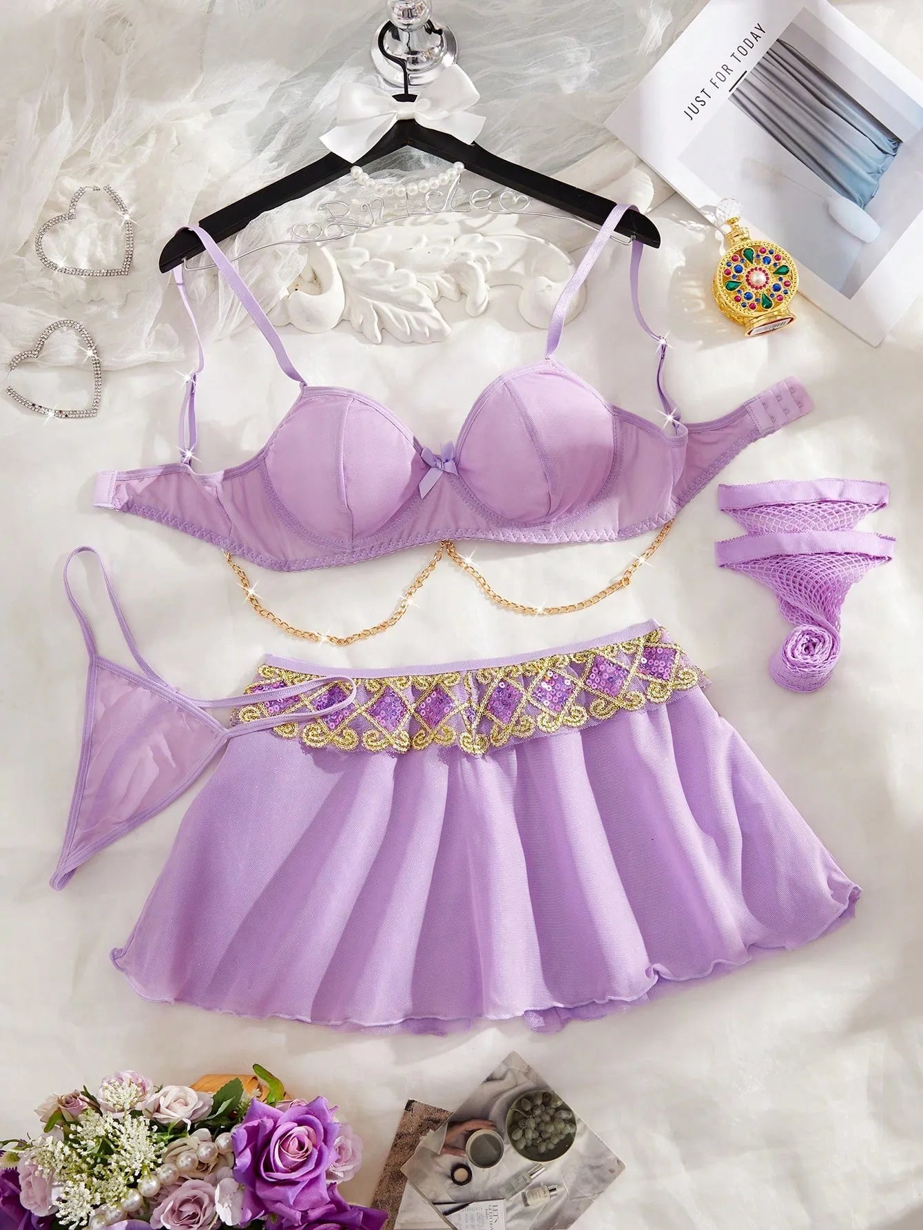 Western Solid Color Bowknot Bow Chain Sling Strap Underwear Briefs Lingerie Set