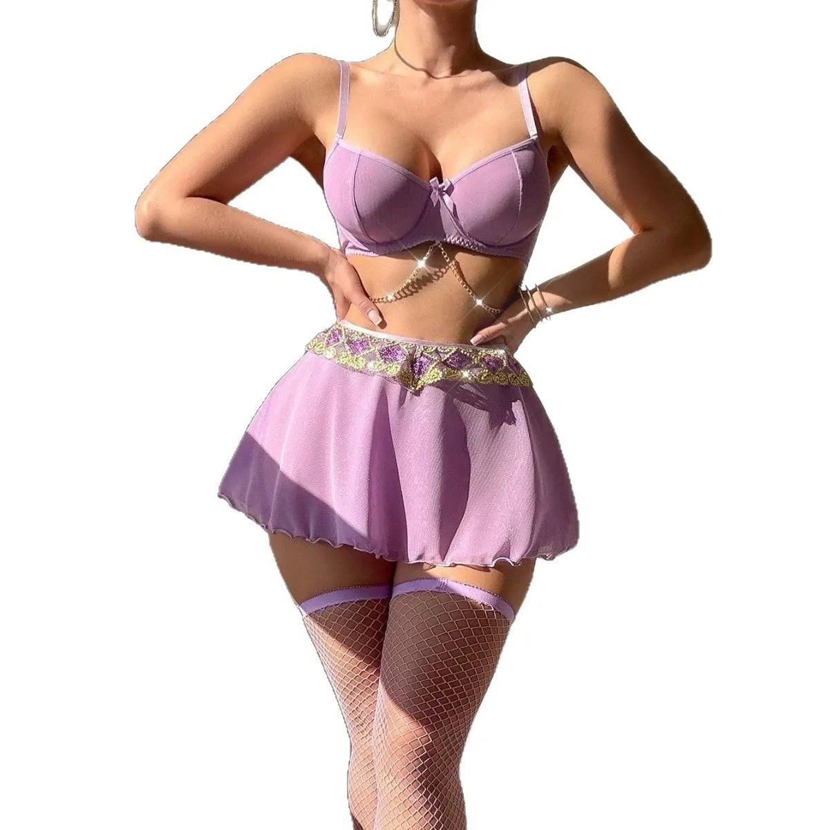 Western Solid Color Bowknot Bow Chain Sling Strap Underwear Briefs Lingerie Set