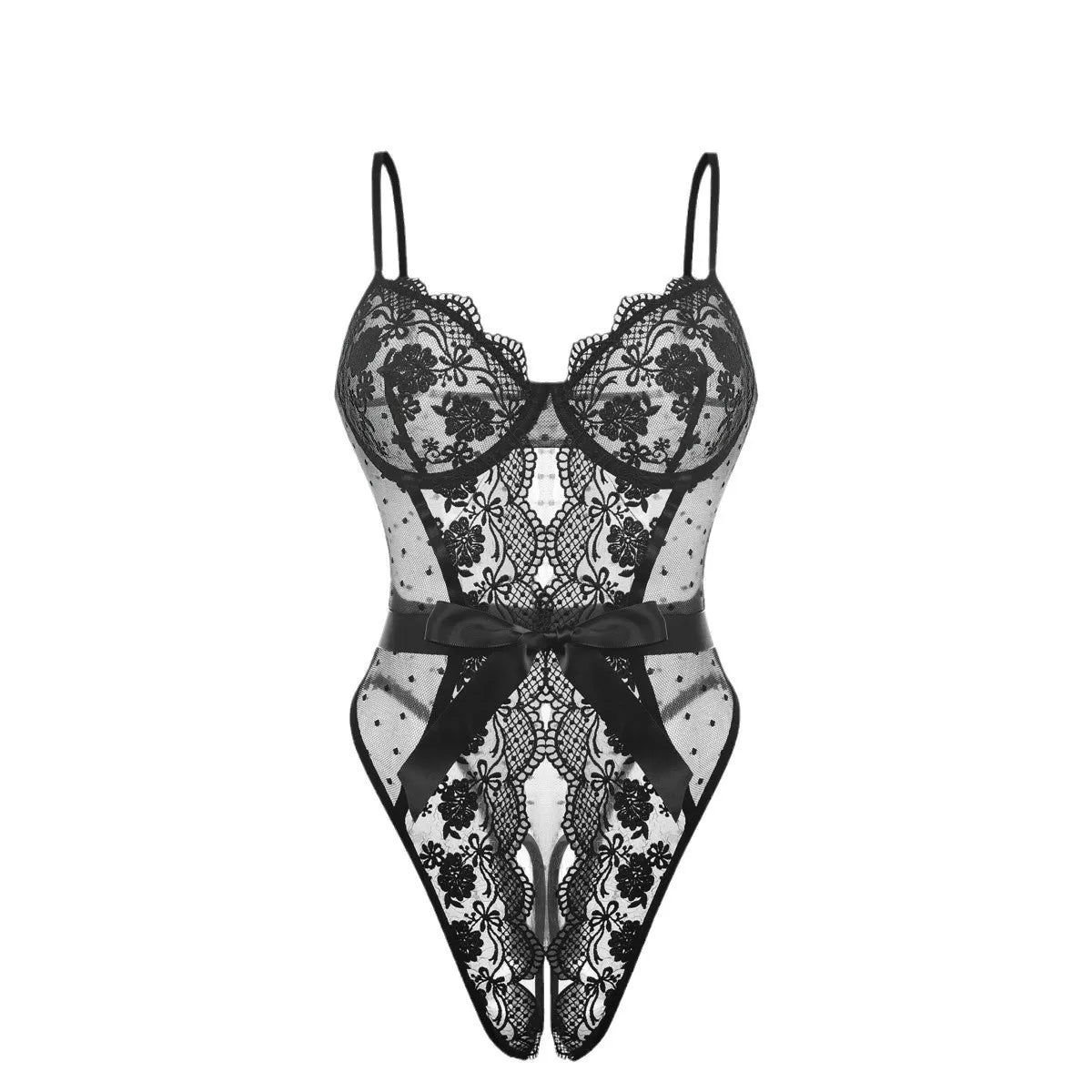 Western Teddy Lace Open Crotch Embroidery Trim See Through Body Suits
