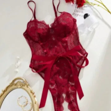 Western Teddy Lace Open Crotch Embroidery Trim See Through Body Suits
