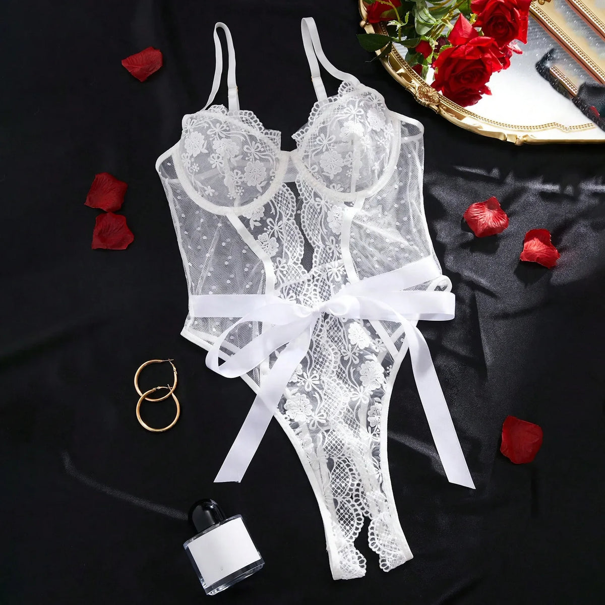 Western Teddy Lace Open Crotch Embroidery Trim See Through Body Suits