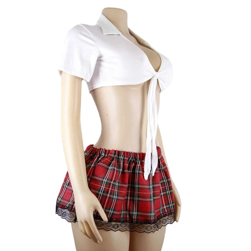 Western Uniform Cosplay Underwear Schoolgirl Role Play Halter Backless Cross Strap Hollow Out Mesh Skirt Lingerie Set