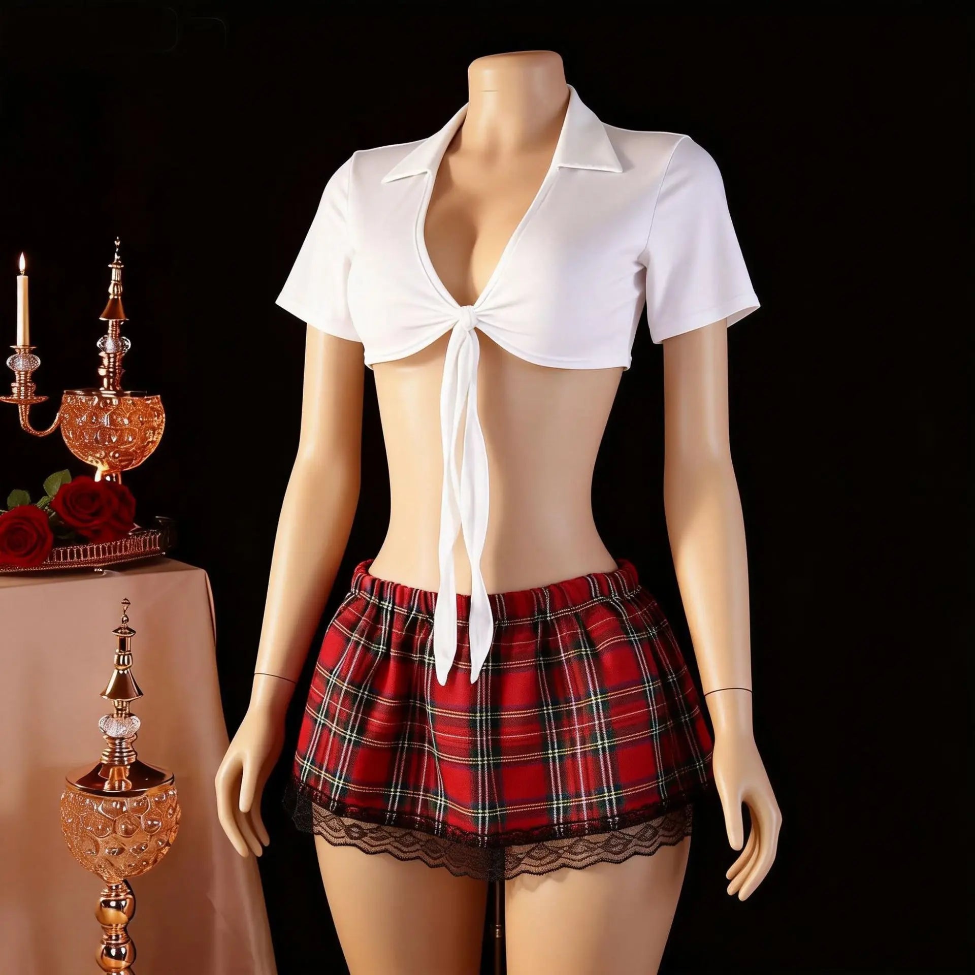 Western Uniform Cosplay Underwear Schoolgirl Role Play Halter Backless Cross Strap Hollow Out Mesh Skirt Lingerie Set