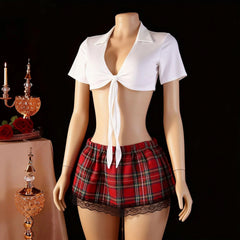 Western Uniform Cosplay Underwear Schoolgirl Role Play Halter Backless Cross Strap Hollow Out Mesh Skirt Lingerie Set