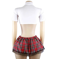 Western Uniform Cosplay Underwear Schoolgirl Role Play Halter Backless Cross Strap Hollow Out Mesh Skirt Lingerie Set