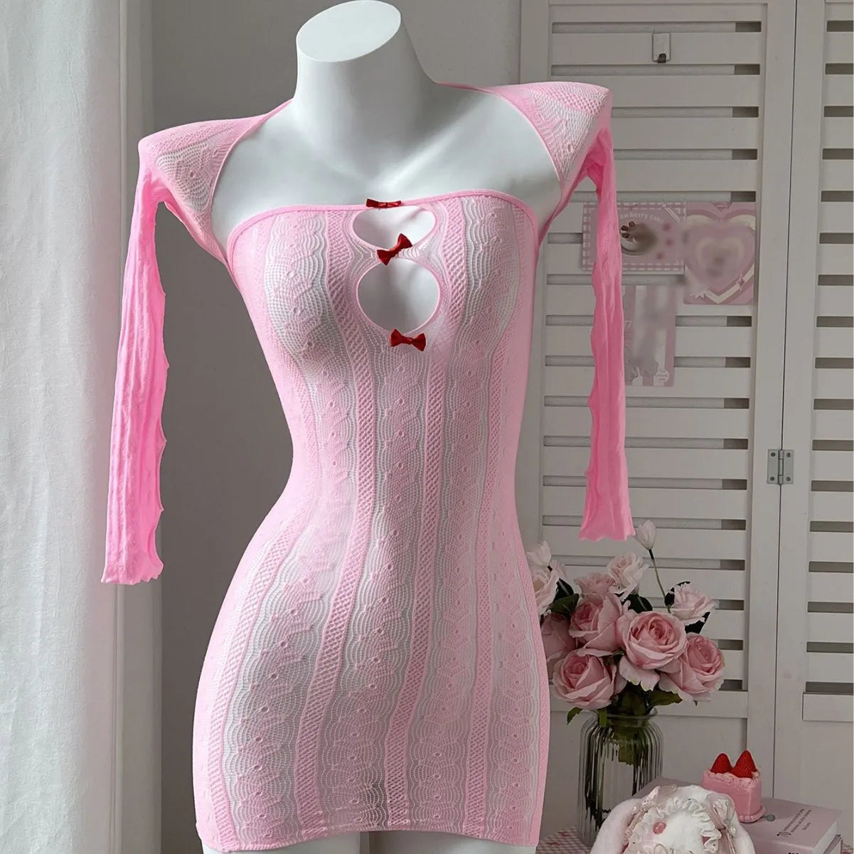 Western Slim Fit Striped Heart Bowknot Fishnet
