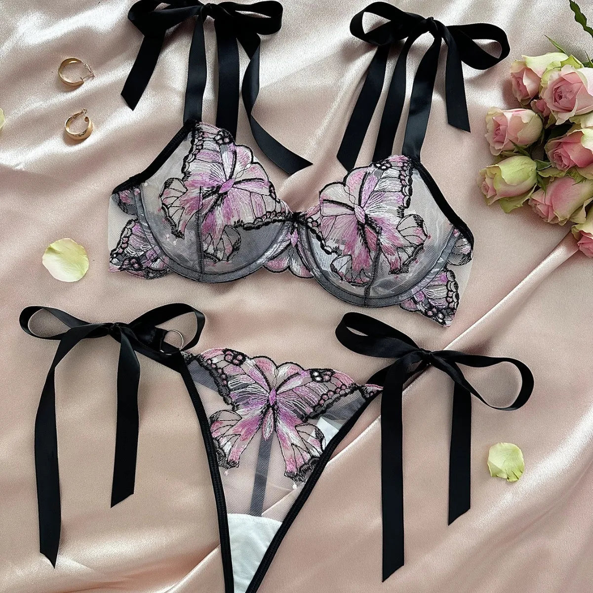 Western Style Butterfly Mesh Embroidery See Through Seductive Bras Erotic Erotics Erotic Lingerie Set