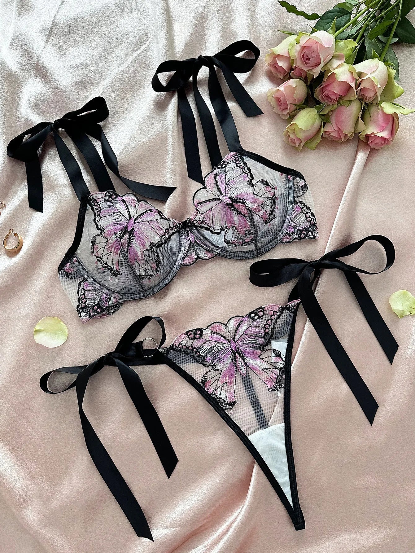 Western Style Butterfly Mesh Embroidery See Through Seductive Bras Erotic Erotics Erotic Lingerie Set