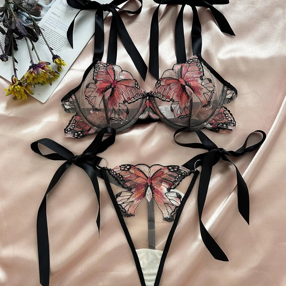Western Style Butterfly Mesh Embroidery See Through Seductive Bras Erotic Erotics Erotic Lingerie Set