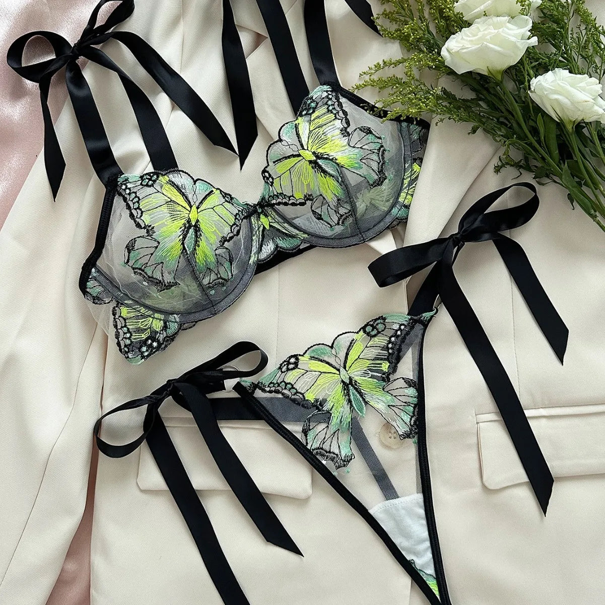 Western Style Butterfly Mesh Embroidery See Through Seductive Bras Erotic Erotics Erotic Lingerie Set