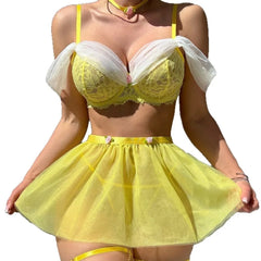 Western Style Flower Mesh Skirt Cosplay Clubwear Cross Strap Deep V Neck Hollow Out Erotic Uniform Lingerie Set