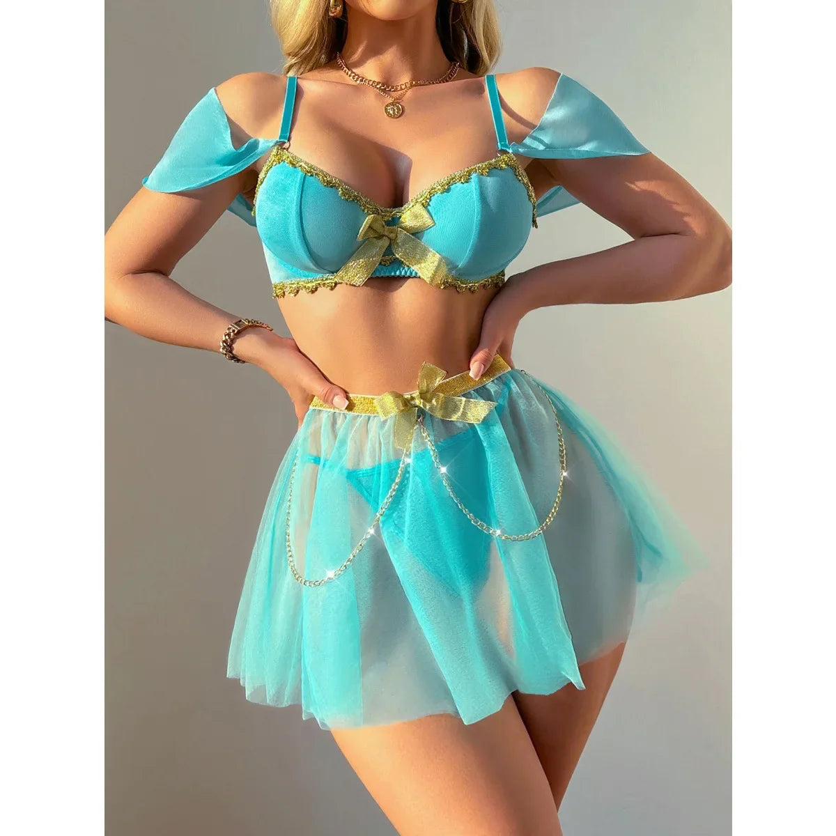 Western Style Mesh Netting Skirt With Thong G String Summer Uniform Cosplay Outfit Set