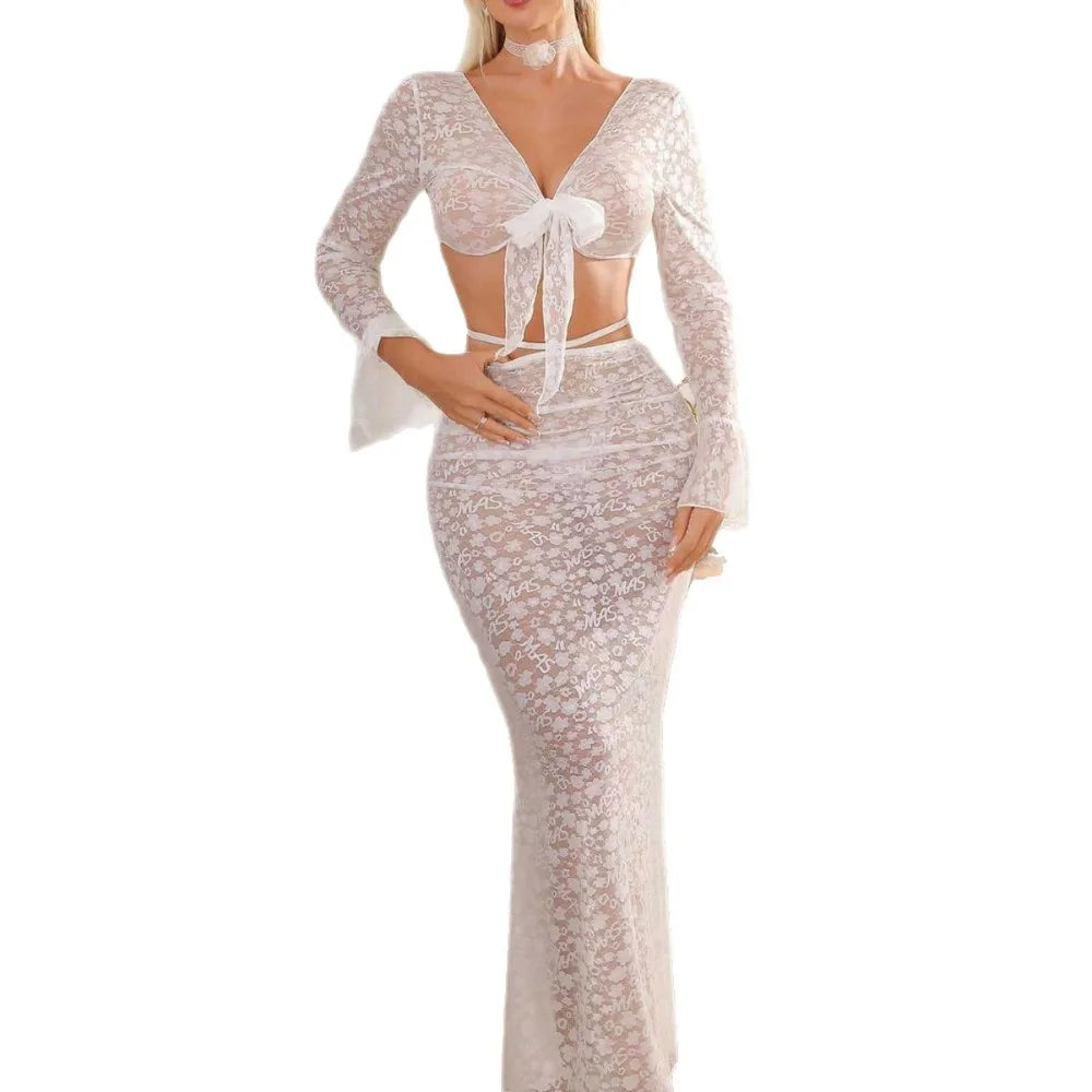 Western Vacation Resort Sheer See Through Mesh Lace Lace Up Tie Up Strappy Underwear Long Skirt Lingerie Set