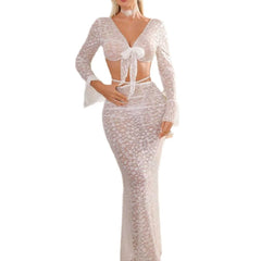 Western Vacation Resort Sheer See Through Mesh Lace Lace Up Tie Up Strappy Underwear Long Skirt Lingerie Set