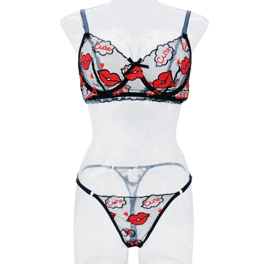 Western Valentine Red Lips Embroidery Bras Erotic Seductive Underwears Clothings Seductive Lingerie Set