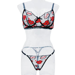 Western Valentine Red Lips Embroidery Bras Erotic Seductive Underwears Clothings Seductive Lingerie Set