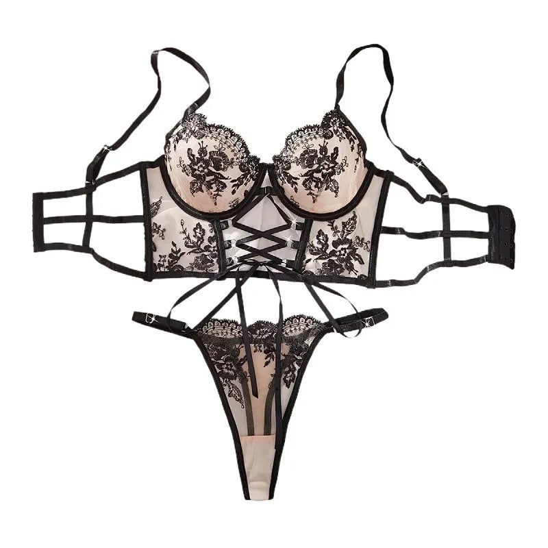 Western Vintage Floral Embroidery Cross Lace Up Bra See Through Thongs Erotic Seductive Underwears Lingerie Set