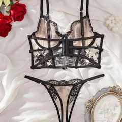 Western Vintage Floral Embroidery Cross Lace Up Bra See Through Thongs Erotic Seductive Underwears Lingerie Set