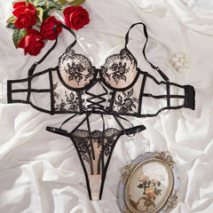 Western Vintage Floral Embroidery Cross Lace Up Bra See Through Thongs Erotic Seductive Underwears Lingerie Set
