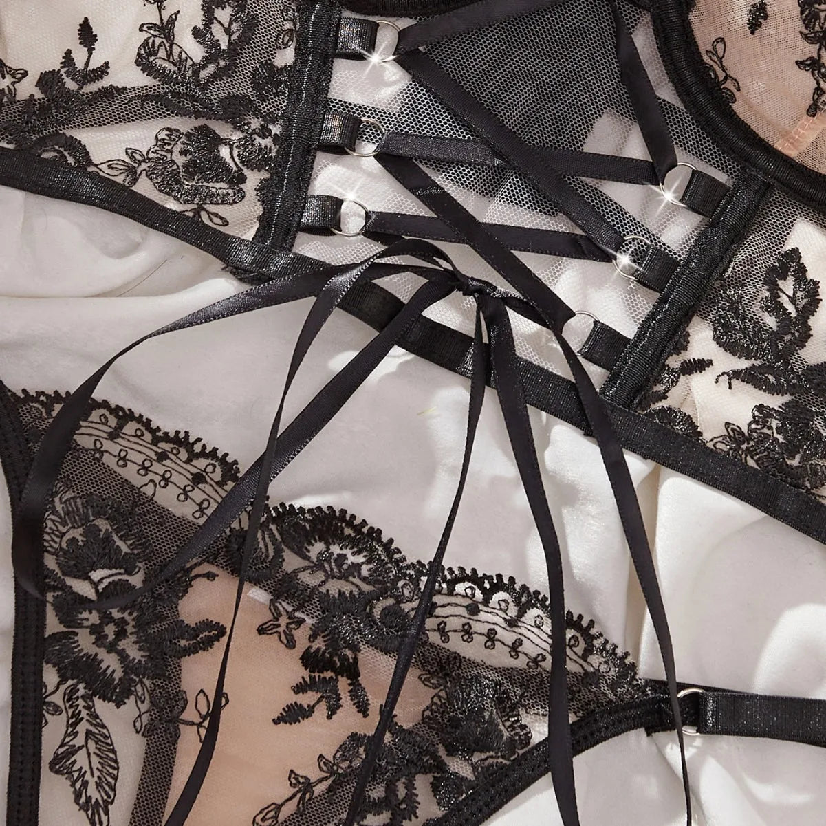 Western Vintage Floral Embroidery Cross Lace Up Bra See Through Thongs Erotic Seductive Underwears Lingerie Set