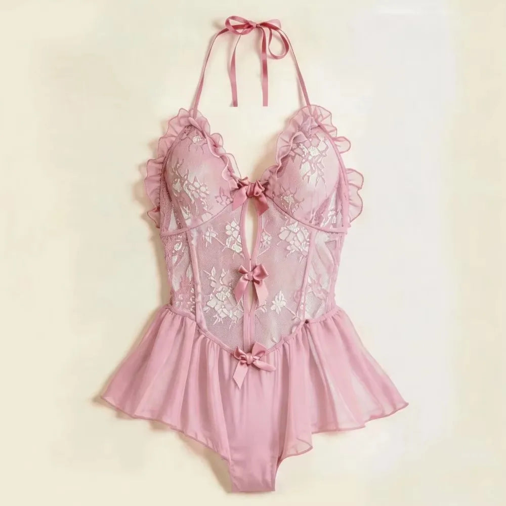 Westerns Deep V Lace Skinny Sheer Underwear Teddy Halter Backless Cross Strap Hollow Out Mesh Lingerie Set