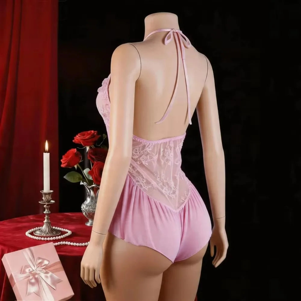 Westerns Deep V Lace Skinny Sheer Underwear Teddy Halter Backless Cross Strap Hollow Out Mesh Lingerie Set
