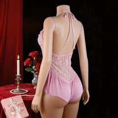 Westerns Deep V Lace Skinny Sheer Underwear Teddy Halter Backless Cross Strap Hollow Out Mesh Lingerie Set