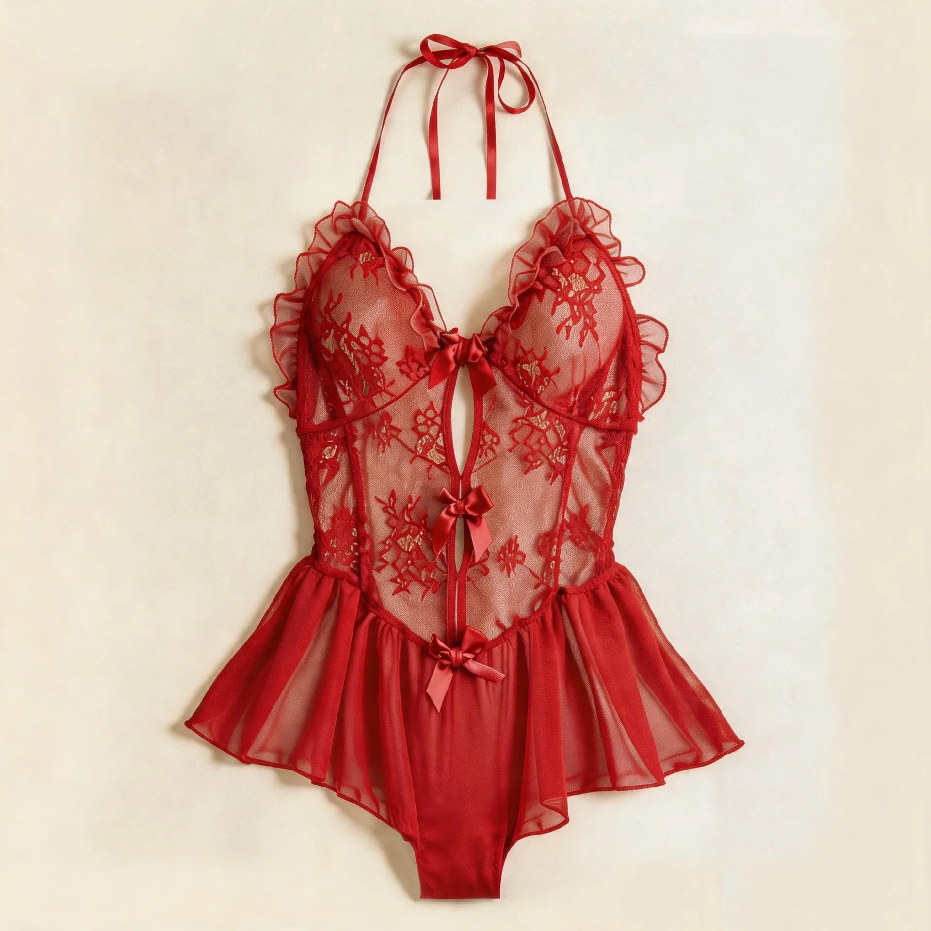 Westerns Deep V Lace Skinny Sheer Underwear Teddy Halter Backless Cross Strap Hollow Out Mesh Lingerie Set