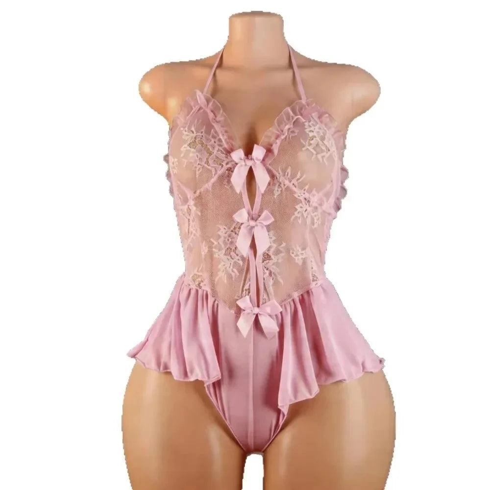 Westerns Deep V Lace Skinny Sheer Underwear Teddy Halter Backless Cross Strap Hollow Out Mesh Lingerie Set