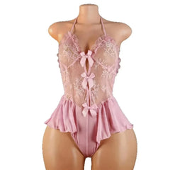 Westerns Deep V Lace Skinny Sheer Underwear Teddy Halter Backless Cross Strap Hollow Out Mesh Lingerie Set