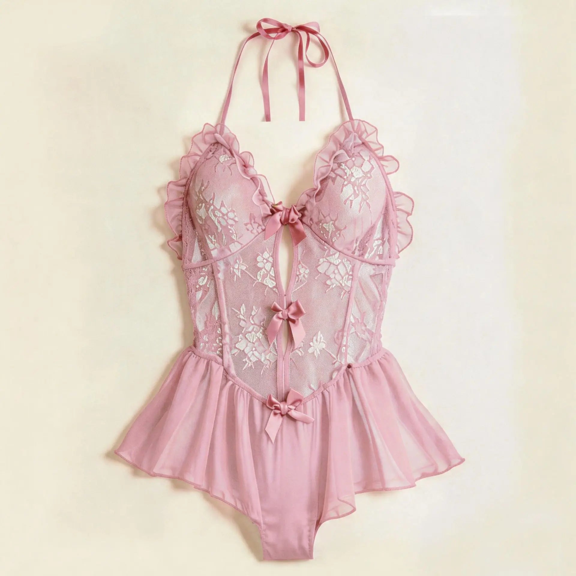 Westerns Deep V Lace Skinny Sheer Underwear Teddy Halter Backless Cross Strap Hollow Out Mesh Lingerie Set