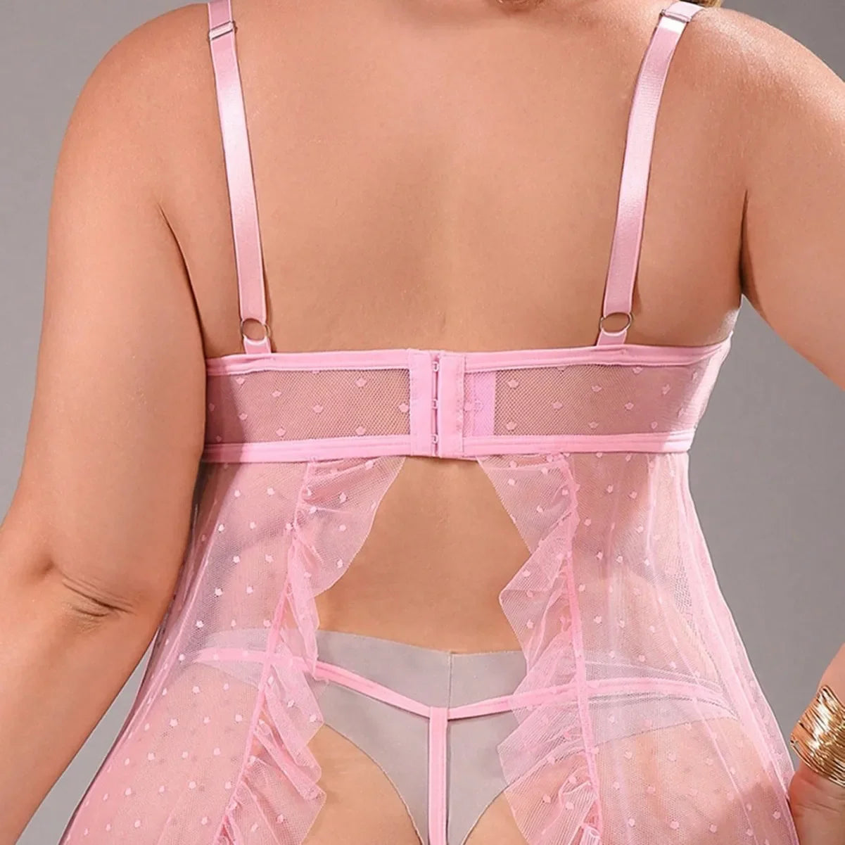 Westerns Plus Size Pink Mesh Lace Underwear Babydoll Nightgown Backless Cross Strap Sling Sheer Uniform Lingerie Set