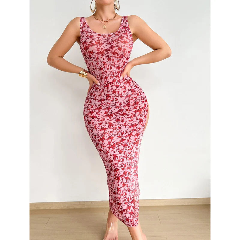 Westerns Floral See Through Sling Slit Dress