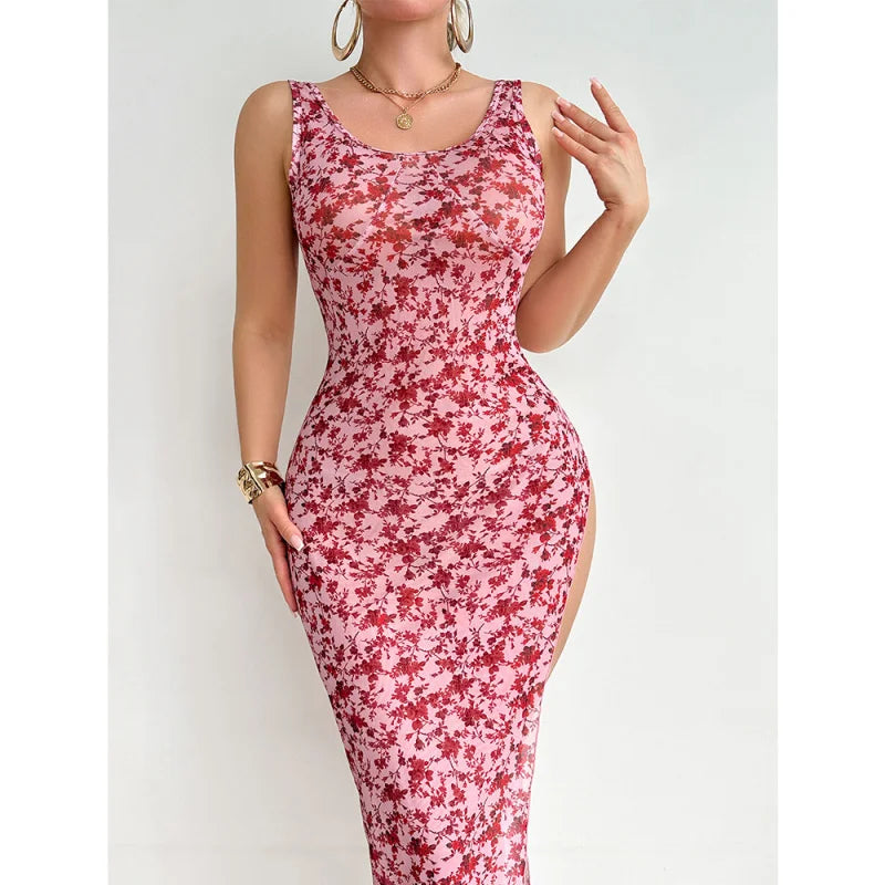 Westerns Floral See Through Sling Slit Dress