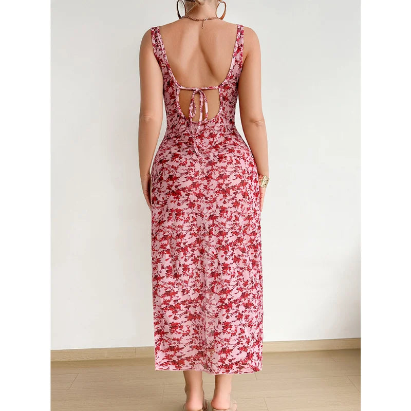 Westerns Floral See Through Sling Slit Dress