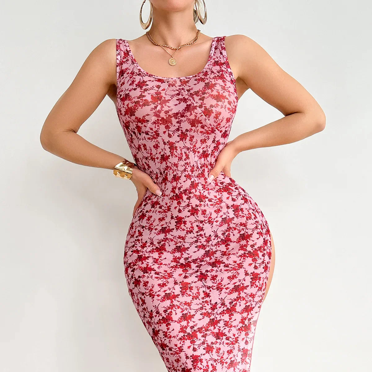 Westerns Floral See Through Sling Slit Dress