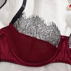 Westerns Ultra Thin Wine Red Lace Patchwork Bra Lingerie Sets Erotic Exotic Suits