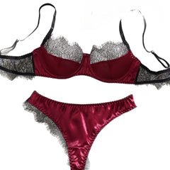 Westerns Ultra Thin Wine Red Lace Patchwork Bra Lingerie Sets Erotic Exotic Suits